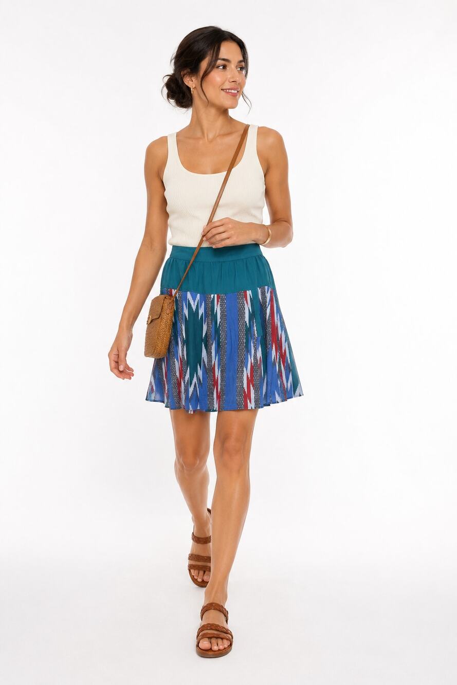Ecote Urban Outfitters Ikat Mini Skirt Size 8 Blue Boho Elastic Waist Fall